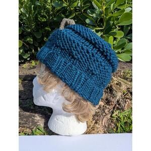 Handmade Knit Beanie Teal Blue Small Fit Winter Hat